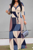 Light Khaki Elegant Print Patchwork Strap Design V Neck Long Dresses