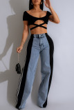 Blue Black Street Color Block Patchwork Buttons Zipper High Waist Loose Denim Jeans