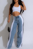 Blue Black Street Color Block Patchwork Buttons Zipper High Waist Loose Denim Jeans