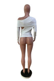 White Casual Solid Hollowed Out Patchwork Oblique Collar Tops
