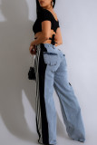 Blue Black Street Color Block Patchwork Buttons Zipper High Waist Loose Denim Jeans