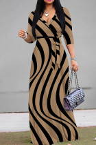 Khaki Elegant Print Patchwork Strap Design V Neck Long Dresses