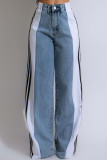 Blue Black Street Color Block Patchwork Buttons Zipper High Waist Loose Denim Jeans