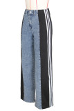 Blue Black Street Color Block Patchwork Buttons Zipper High Waist Loose Denim Jeans