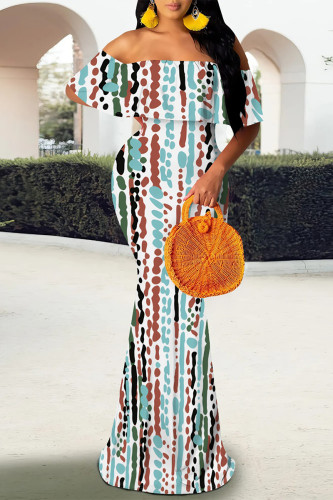 Stripe Elegant Geometric Print Striped Print Contrast Off Shoulder One Step Skirt Dresses