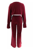 Burgundy Casual Solid Color Patchwork O Neck Long Sleeve Two Pieces