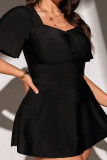 Black Square Neck Short Sleeve Crop Tops Draw String A Line Mini Skirt Beach Vacation Plus Size Swimwear(Two Pieces)