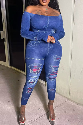 Deep Blue Sexy Print Patchwork Backless Off Shoulder Long Sleeve Two Pieces