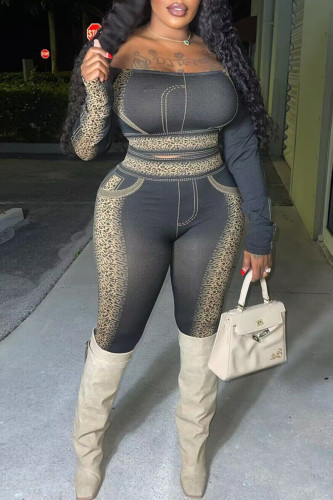 Khaki Sexy Print Patchwork Backless Off Shoulder Long Sleeve Two Pieces