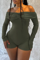 Army Green Long Sleeve Off Shoulder Ruched Skinny Rompers One Piece Bodysuit