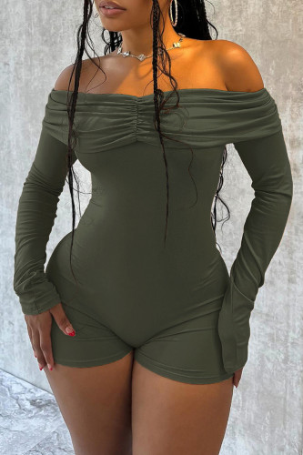 Army Green Long Sleeve Off Shoulder Ruched Skinny Rompers One Piece Bodysuit