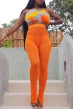 Tangerine Red Sexy Casual Patchwork See-Through Backless Slit Spaghetti Strap Sleeveless Two Pieces
