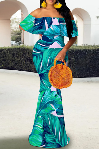 Blue Tropical Print Off Shoulder Long Flutter Sleeve Mermaid Hem Vacation Boho Style Maxi Dresses