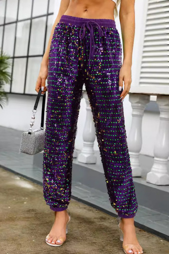Purple Street Sequins Patchwork Loose Mid Waist Patchwork Bottoms