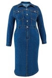 Deep Blue Casual Solid Color Pocket Buttons Turndown Collar Denim Plus Size Dresses