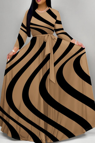 Khaki Elegant Print Patchwork Strap Design O Neck A Line Dresses