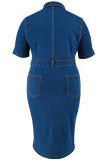 Blue Street Solid Color Pocket Buckle Patchwork Turndown Collar Wrapped Skirt Plus Size Dresses