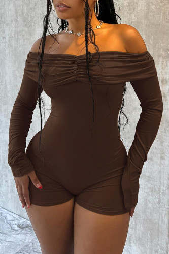 Dark Coffee Long Sleeve Off Shoulder Ruched Skinny Rompers One Piece Bodysuit