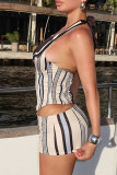 Apricot Sexy Stripe Patchwork Contrast Deep V Neck Sleeveless Two Pieces