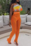 Tangerine Red Sexy Casual Patchwork See-Through Backless Slit Spaghetti Strap Sleeveless Two Pieces