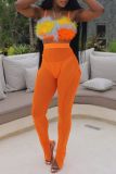 Tangerine Red Sexy Casual Patchwork See-Through Backless Slit Spaghetti Strap Sleeveless Two Pieces