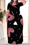 Blue Graphics O Neck Short Sleeve Pocket Loose Floor Length Vacation Plus Size Maxi T-Shirt Dresses