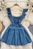 Blue Sexy Solid Color Patchwork Backless Ruched With Belt Zipper Square Neck High Waist Boot Cut Denim Dresses