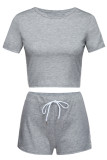 Grey Casual Draw String Patchwork Contrast O Neck Short Sleeve Two Pieces