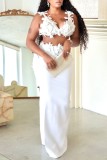 White Sleeveless Backless Slit Spaghetti Strap Cami Crop Top And Maxi Skirt  Formal Evening Party Wedding Two Pieces Dress Sets