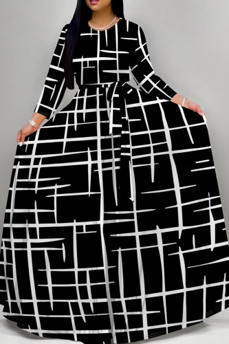 Black And White Elegant Print Patchwork Strap Design O Neck A Line Dresses