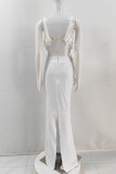White Sleeveless Backless Slit Spaghetti Strap Cami Crop Top And Maxi Skirt  Formal Evening Party Wedding Two Pieces Dress Sets