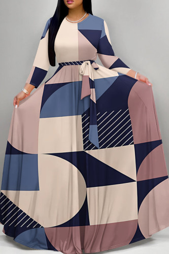 Light Khaki Elegant Print Patchwork Strap Design O Neck A Line Dresses