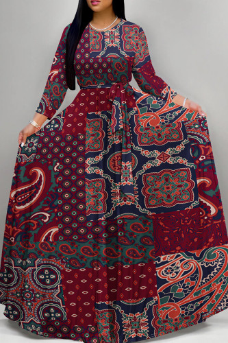 Burgundy Elegant Print Patchwork Strap Design O Neck A Line Dresses