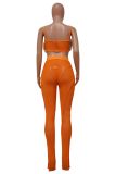 Tangerine Red Sexy Casual Patchwork See-Through Backless Slit Spaghetti Strap Sleeveless Two Pieces