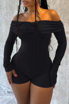 Black Long Sleeve Off Shoulder Ruched Skinny Rompers One Piece Bodysuit