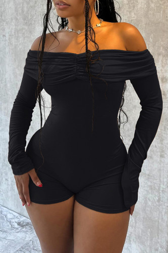 Black Long Sleeve Off Shoulder Ruched Skinny Rompers One Piece Bodysuit