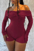 Burgundy Long Sleeve Off Shoulder Ruched Skinny Rompers One Piece Bodysuit