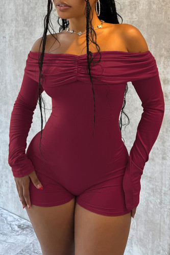 Burgundy Long Sleeve Off Shoulder Ruched Skinny Rompers One Piece Bodysuit