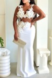 White Sleeveless Backless Slit Spaghetti Strap Cami Crop Top And Maxi Skirt  Formal Evening Party Wedding Two Pieces Dress Sets