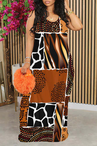 Brown Graphics Print V Neck Sleeveless Backless Spaghetti Strap Floor Length Vacation Baggy Sundress Slip Maxi Dress