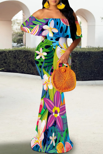 Turquoise Tropical Print Off Shoulder Long Flutter Sleeve Mermaid Hem Vacation Boho Style Maxi Dresses