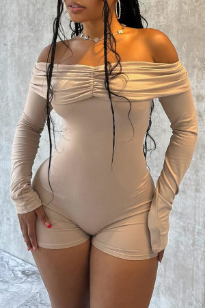 Khaki Long Sleeve Off Shoulder Ruched Skinny Rompers One Piece Bodysuit
