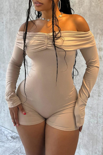 Khaki Long Sleeve Off Shoulder Ruched Skinny Rompers One Piece Bodysuit