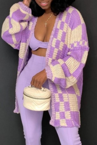 Purple Casual Plaid Cardigan Outerwear