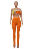 Tangerine Red Sexy Casual Patchwork See-Through Backless Slit Spaghetti Strap Sleeveless Two Pieces