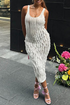 White Sleeveless U Neck Ruffle Trim Wrapped Skirt Vacation Bodycon Midi Tank Dresses