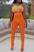 Tangerine Red Sexy Casual Patchwork See-Through Backless Slit Spaghetti Strap Sleeveless Two Pieces