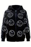 Black Casual Smiley Face Print Patchwork Zipper Zipper Collar Tops