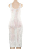 White Sleeveless U Neck Ruffle Trim Wrapped Skirt Vacation Bodycon Midi Tank Dresses