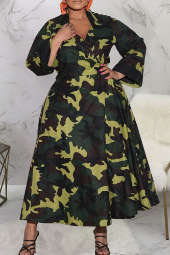 Camouflage Street Print Patchwork Strap Design V Neck A Line Plus Size Dresses